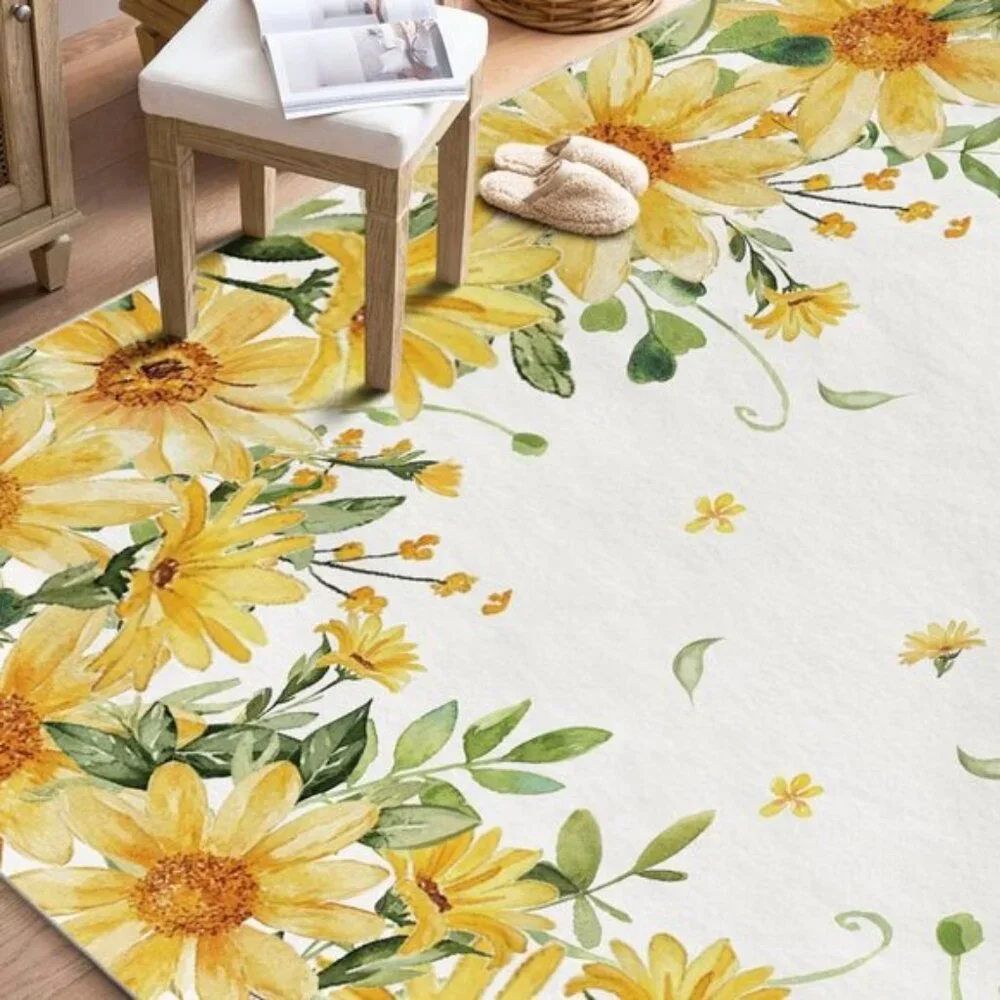 New 5x7 Yellow Daisy Rug, Washable, Low-Profile Spring Decor for Home & Bedroom